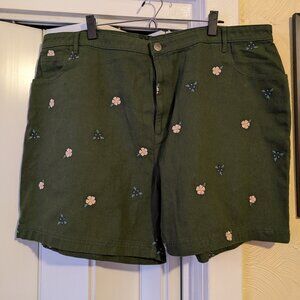 Lucy and Yak Lexi high waist cotton shorts in green with floral embroidery